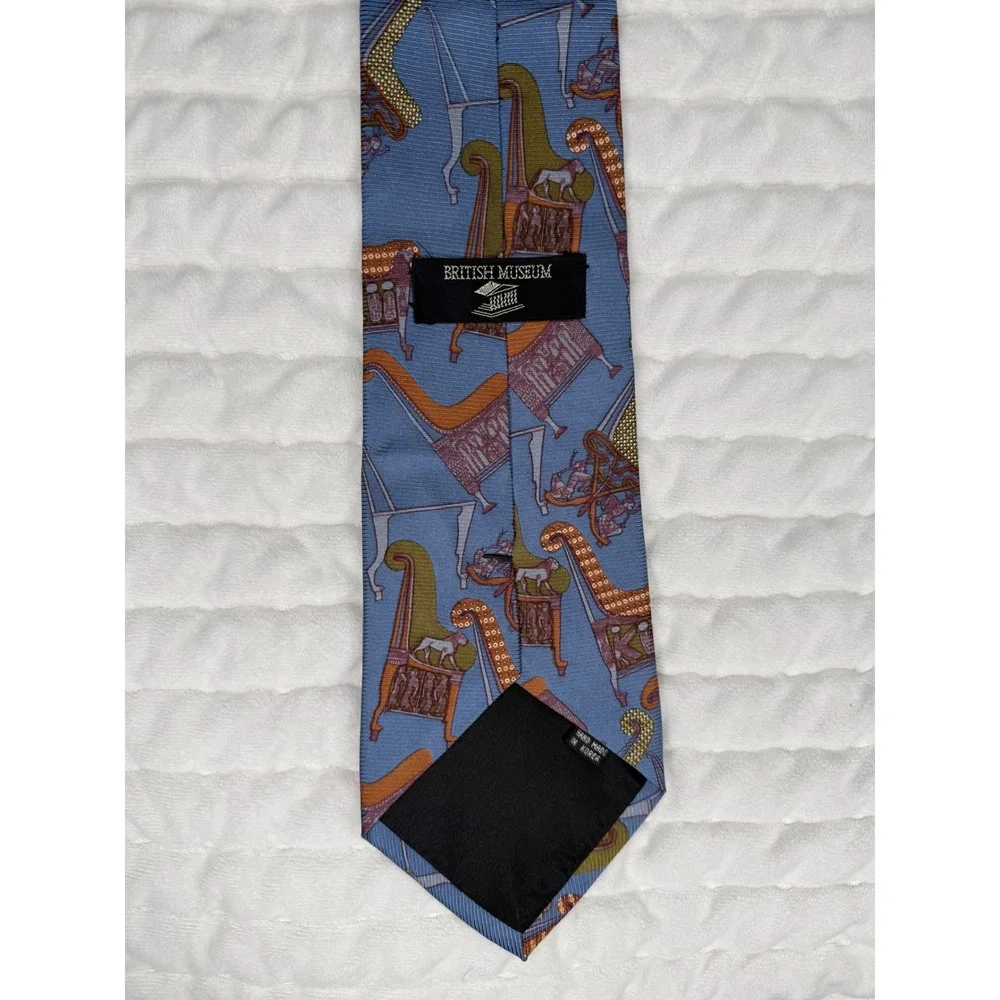 British Museum Mens Silk Tie Blue Egyptian Chair Artifact Novelty Hand Made